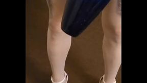 FetishMaria crossdresser in white see throough mini skirt showing ass and dick finally comshot and pissing in glass