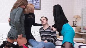 ”Three hot Stepmommies share one toyboy during sexy groupsex”