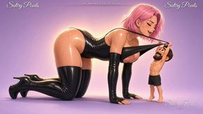 Pink-haired Anime Latex Giantess Drips Milk on Her Tiny Bearded Man - Butt Slaps and Drooling Moans