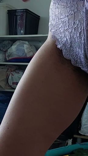 Naughty sexy milf tries on naked clothes. Latina hairy pussy tries on clothes in bed.   Clip 1