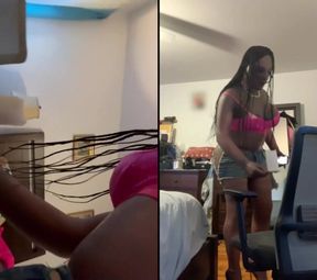 Black Babe Danae in a Super Tiny Mini Skirt Rubbing Her Pussy