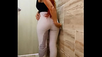 Piss on yoga pants in the badroom