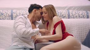 Stylish blonde in red panties Polly Yangs is jumping on a big dick