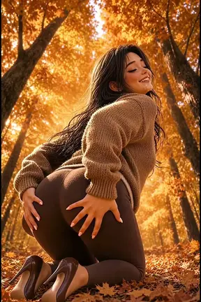 Brown-haired anime babe enjoys solo twerk session amid autumn leaves