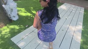 Garden Goddess Tease: Blue Dress, Grey Pantyhose & Toe Flexing Ends in a Ripped Pantyhose Reveal