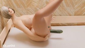 3D Blonde Milf Chubby Masturbating with double cucumbers anal and pussy
