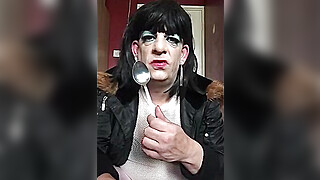 Crossdresser Licks his own Load of a Spoon while asking for another Mans Load