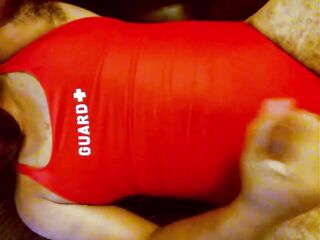 Faceless Solo Boy in Red Lifeguard Swimsuit – Close-Up Semen flow with Slow-Mo Replay