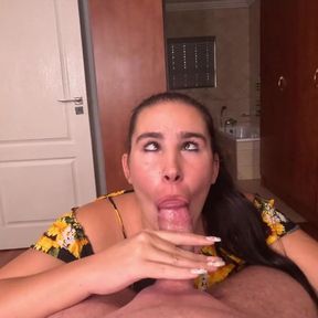 POV dirty talking slut milks cock twice in a row, cum swallow and facial