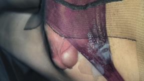 Hard juicy cock cums in the taken black pantyhose and little sheer red panties