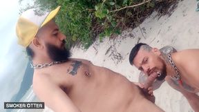 two pierced stoners risk a public nude blowjob at a brazilian beach