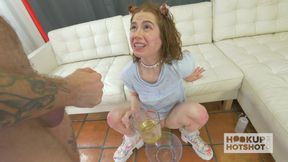 Sexy red head meets up with guy online and piss
