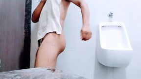 College boy showing big black cut cock in washroom
