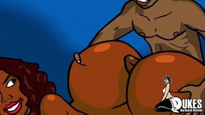 Busty ebony milf rides huge bbc dick for creamy orgasm in animated hentai delight