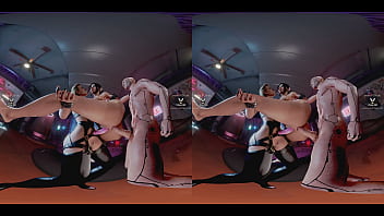 Claire Russel enjoy standing Double Penetration with strapon and dick between Meredith Stout and Cyberpunk 2077 guy