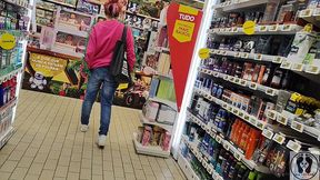 crazy rebeca addams in jeans buttcrack at the supermarket