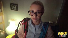 Nerdy hostel girl reveals and sucks massive cock of her roomamte