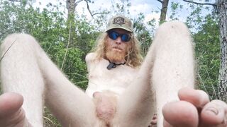 Flashing off knob and naked soles on a naked hike in the forest