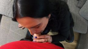 leather-clad american milf gets cum on her fur vest after a deep blowjob ep 246