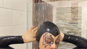 Rubbermissy shower in complete rubber enclosure washing my latex skin