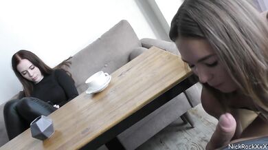 Teen redhead sucks thick cock in crowded cafe deep throats till gagging