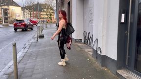 Exhibitionist Domme & Humiliated Sub: Queen Elena Flashes, Then Gags & Walks Sissy Femme Sandy