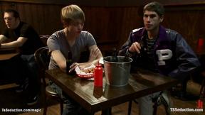 Titty trans bartender fuck two men