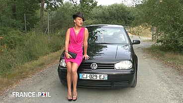 Dirty French couple buys hot brunette sex slave to bang her outdoor