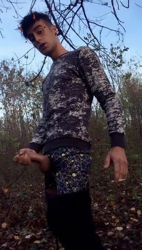 Smoking Through Jerk off Outside with Devil Face Filter and Body Twitching Orgasm