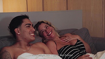 Latina stepmom: She gets horny and asks him to fuck her while her husband is in the room.