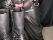Leather gimp cums on biker boots and licks it up