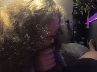 Virginal Corpulent white nerd hotty with glasses sucks wang and licks up the cum