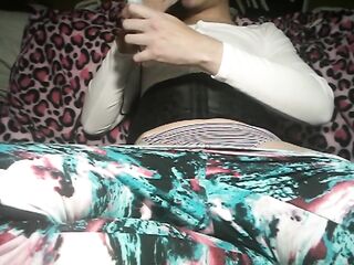 Slim Sissy Crossdresser Cums After two Days All Over Hand and Pants