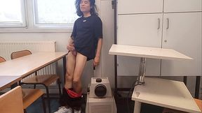 Cum at school'this horny student twink wanks his smooth cock and squirts jizz riskyly at