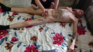 Mother-in-law does a body massage and jerks off my dick before cumming