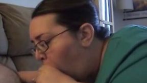 Chubby nerdy lady provided my buddy with a lazy tender blowjob