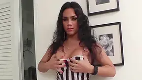Huge Boobs - Tanned Ladyboy With Strips Her Red Panties And Gets Fucked