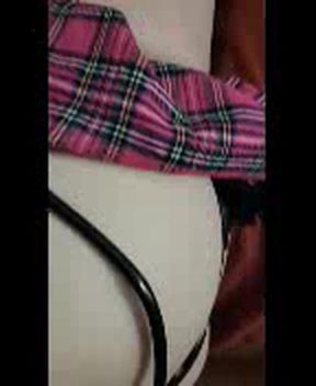 Crossdresser takes a buttplug while playing with her stretched stockings