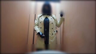 sissy spandex trench coat fap public rest room