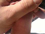 Farm boy jerks off in truck and then cums on pitchfork