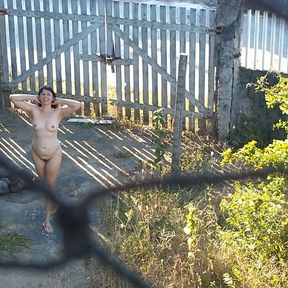 My wife walking totally naked outdoor