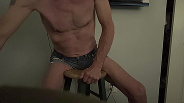 Grinding Pelvis Ass Bulge and Hips on Stool wearing wife's denim shorts -Jun 2025