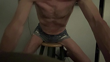 Grinding Pelvis Ass Bulge and Hips on Stool wearing wife's denim shorts -Jun 2025