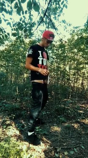 Twink Is Jerking with Used Condom Under Foreskin Outdoor