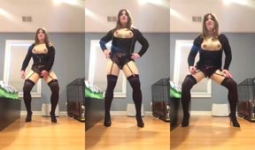 Kylie’s raw feminization sissy explodes in silicone tits under mask while masturbating in stockings
