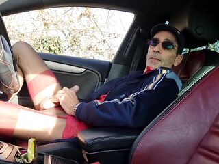 Bulgarian mature Gypsy wench bangs himself in side the car to be seen in homo cruising area