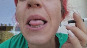 CLOSE-UP CHAIN SMOKING – TEETH, MOUTH & SLOW CIGARETTE DRAGS