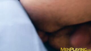 Suited hunk Dani Robles has his tight hairy ass rimmed hard