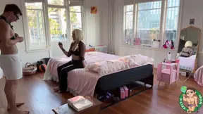 Busty blonde bounces in doggystyle with a big deepthroat