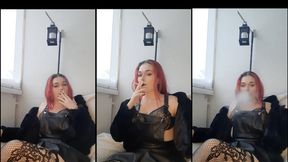 Smoking in a leather skirt, fishnets and a bra, black lipstick, stockings, tigh highs, red hair - smokingrapunzel - smoking fetish